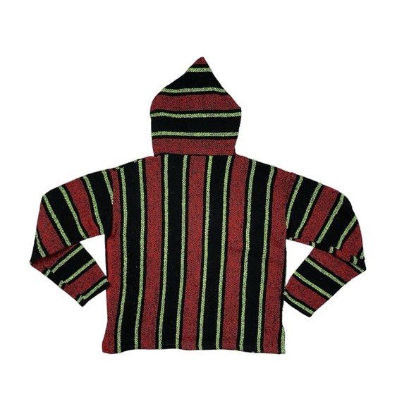 Vintage Mexican Baja Hoodie Pullover Striped Woven Sweater – Red Black Green - Picture 11 of 12